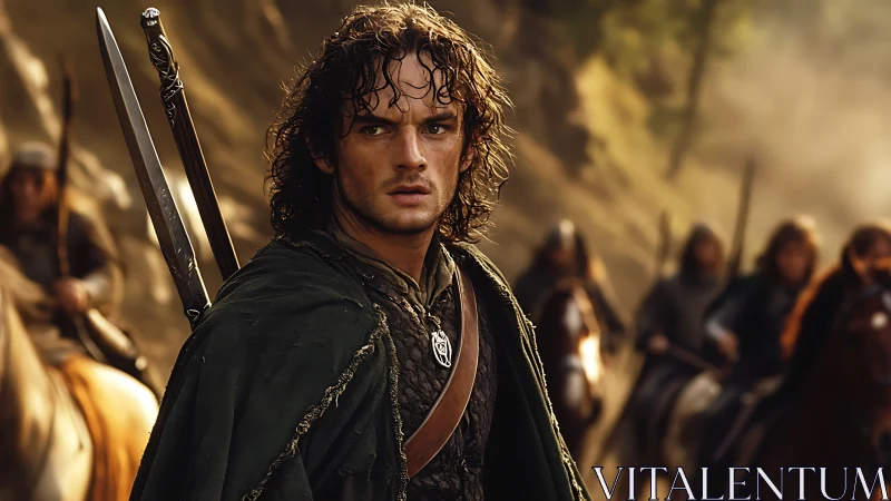 Cloaked swordsman leads mounted warriors through dusty forest