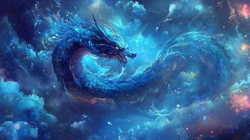 Celestial azure dragon swirling through dreamlit nebulae.