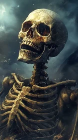 Stormlit skeletal titan laughs beneath a roiling twilight sky.