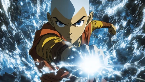 Young elemental warrior channels blinding water energy blast.