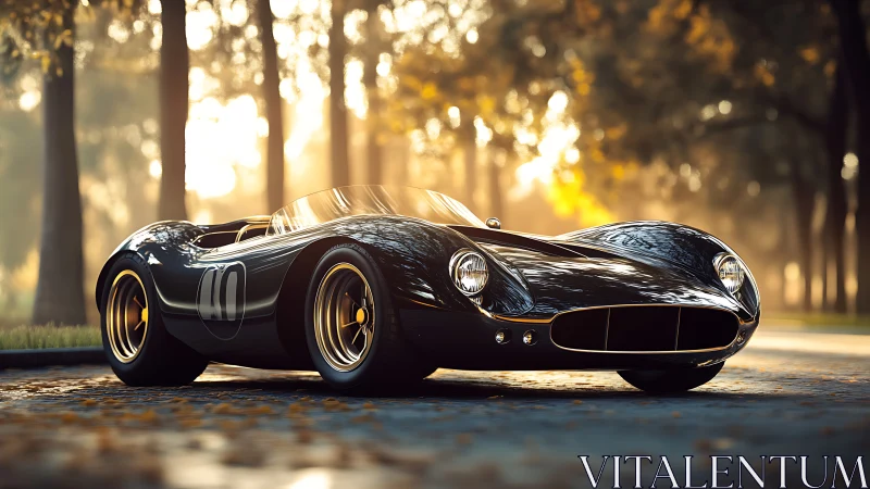 Vintage black race roadster in golden hour forest light