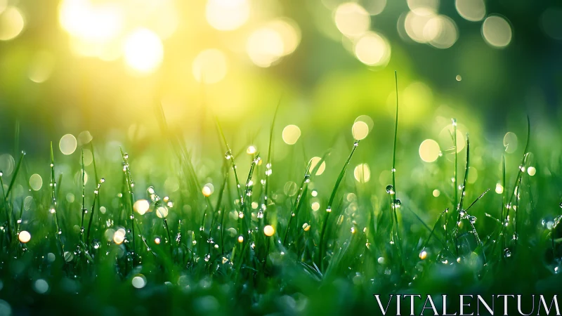 Morning dew on fresh grass glows in soft golden sunlight