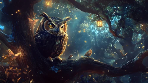 Nocturnal owl surveys glowing forest from twisted branch