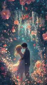 Lovers Embraced in Cascade of Luminous Flowers.