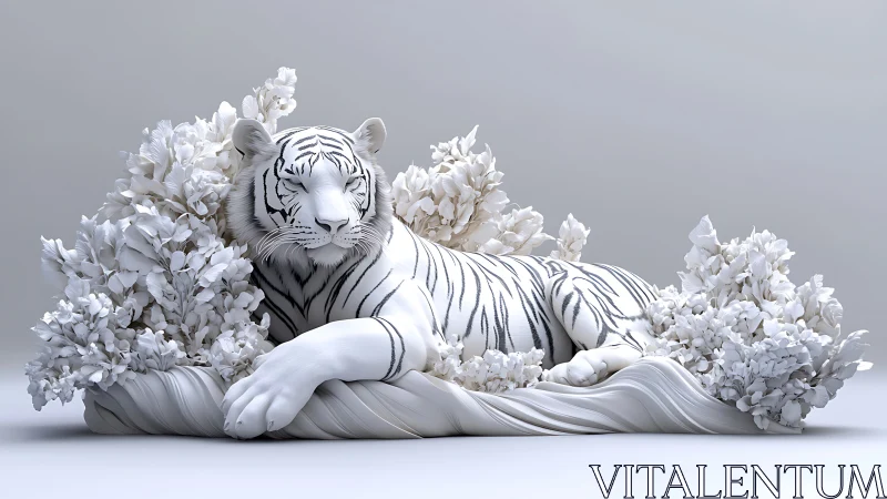 White tiger sculpture rests amid porcelain floral grove.