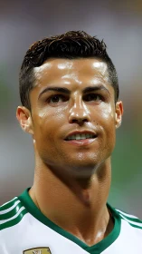 Photorealistic close-up portrait of soccer player on field.