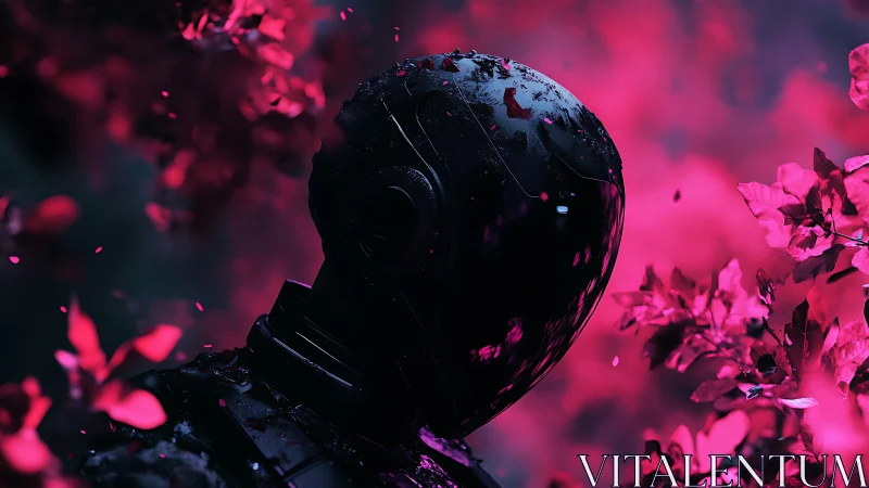 Dark sci fi android amid vivid pink foliage at night.