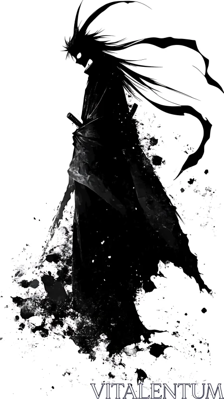 Ink-splatter silhouette of spectral swordsman in side profile