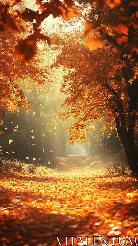 Golden Autumn Forest Path with Falling Leaves. Ethereal Light.