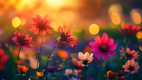 Bokeh-illuminated Dahlias and Coreopsis in Golden Hour Depth Field