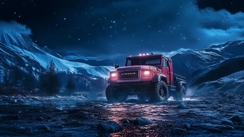 Crimson truck exploring a moonlit mountain riverbed night.