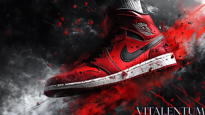 Bold red basketball sneaker surges through splashes of energy