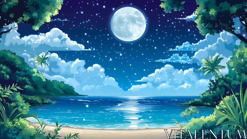 Digital painting of tropical moonlit bay with layered foliage.