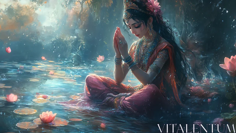 Lotus pond meditation with jeweled goddess in twilight.