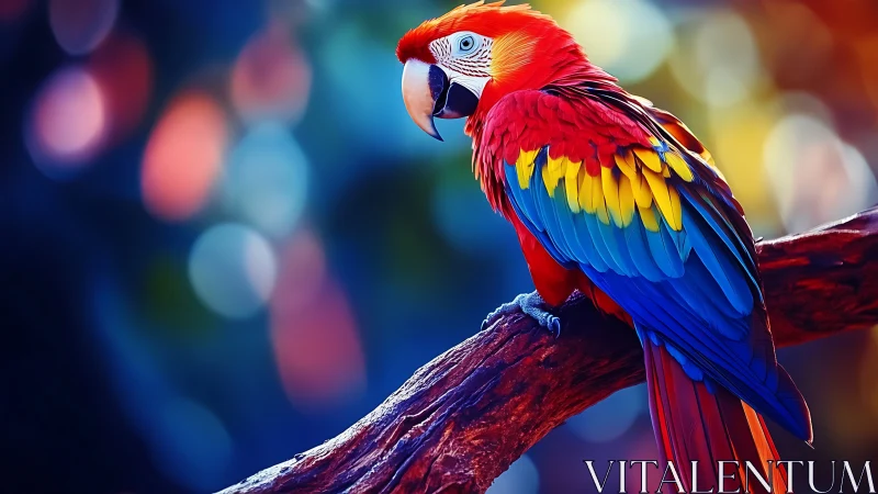 Vibrant Scarlet Macaw on Branch with Colorful Bokeh Background.