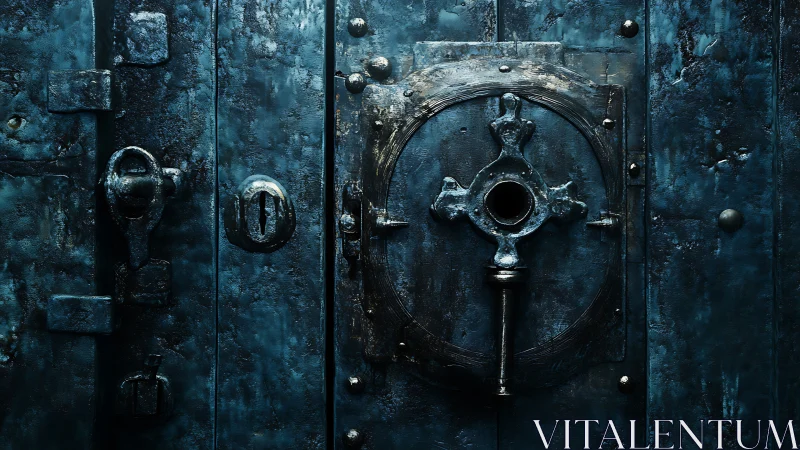 Rust-dark steel vault door with ornate central lock.