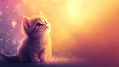 Glowing Kitten in Warm Gradient Sunset Bokeh
