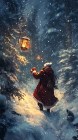 Figure in red coat walks through snowy lantern lit forest