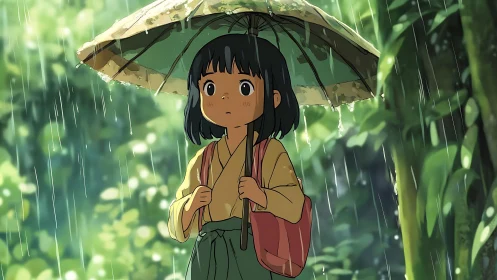 Anime girl under umbrella stands in lush forest rain scene