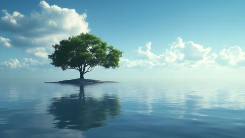 Solitary Tree on Island in Calm Waters.