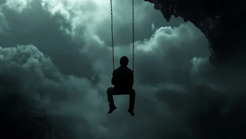 Solitary sky swing drifting over a cavern of stormclouds.