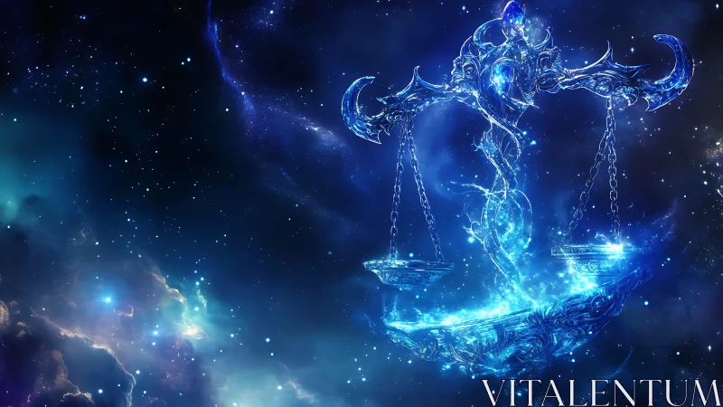 Celestial Libra scales forged in luminous cosmic energy.