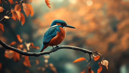 Vibrant kingfisher on autumn branch in soft, dreamy bokeh style.