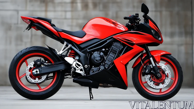 Red sport motorcycle with exposed frame, twin disc brakes and mono-shock