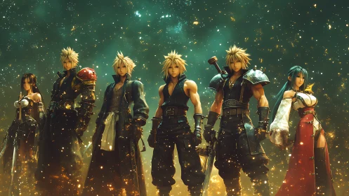 Heroic anime warriors stand united in glowing starlit haze.