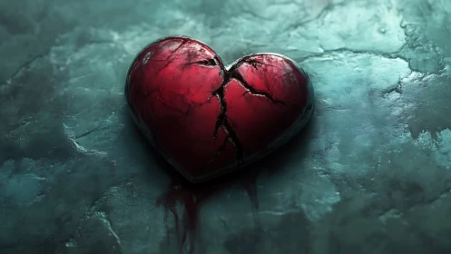 Fractured red heart on textured teal surface.