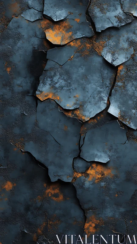 Cracked dark metal surface reveals glowing rust patches