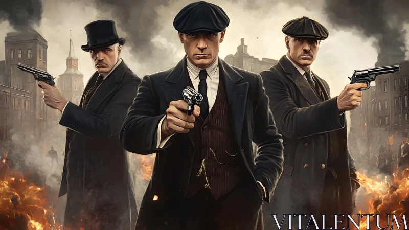 Triad of armed gangsters advances through burning period city street