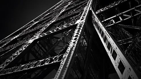 Riveted lattice steel tower in dramatic oblique perspective.