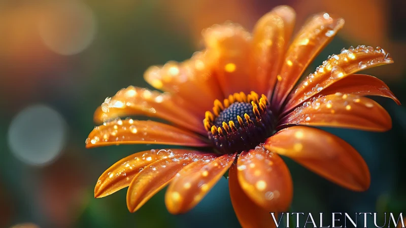 Orange daisy macro shot shows dew covered petals sharply