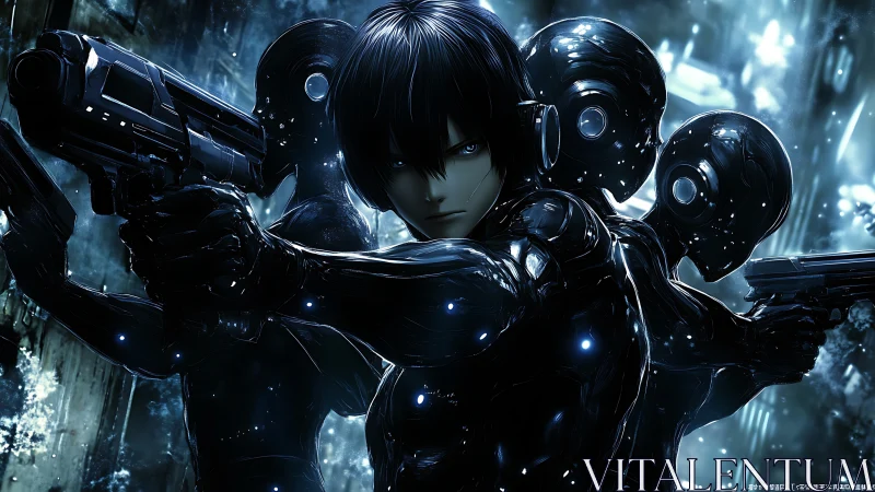 Cyborg soldier aims dual pistols beside three armed androids