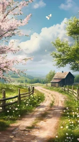Curved dirt lane leads to rural cottage under blooming spring trees