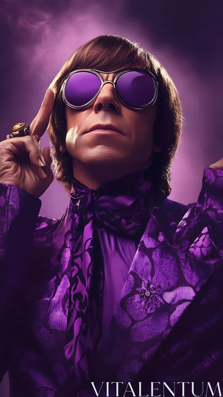 Eccentric man in bold purple suit and round sunglasses.