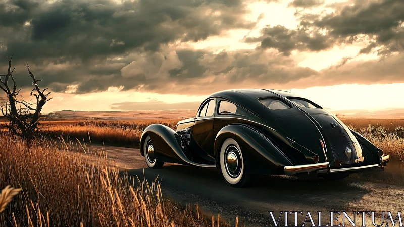 Vintage black coupe on rural road under overcast sky.