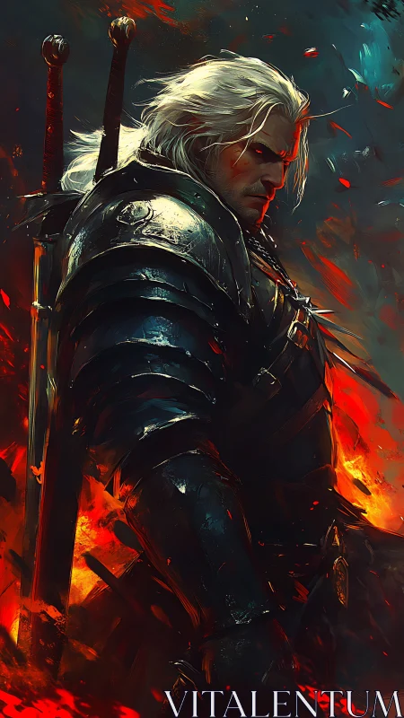 White-haired warrior stands in blazing inferno of battle.