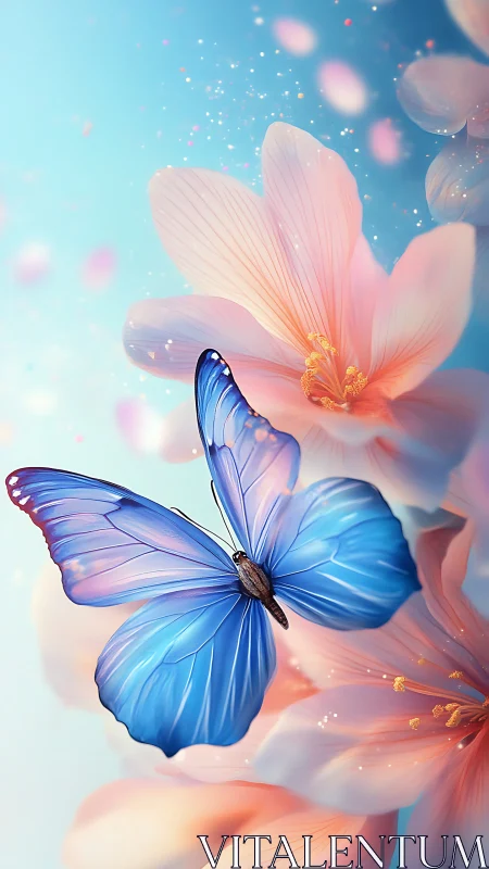 Soft sky blues and peach petals cradle a drifting butterfly.