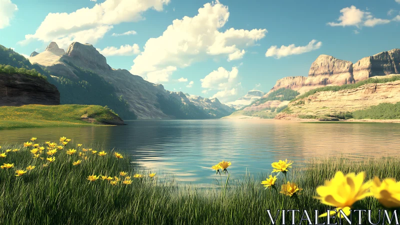 Mountain lake with yellow wildflowers in clear daylight.