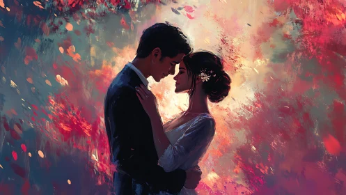 Two figures in formal wear positioned against dynamic red and gold atmospheric background.