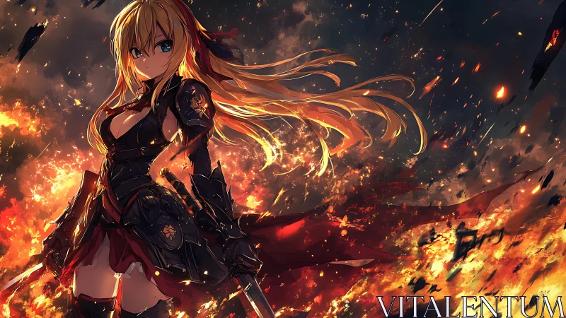 Flaming warrior girl stands defiant amid a burning battlefield