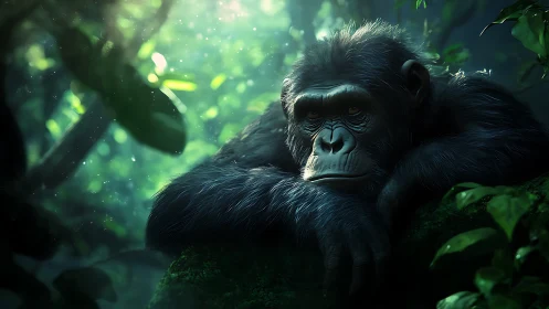 Melancholic silverback gorilla resting on mossy jungle log