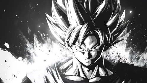 Monochrome anime warrior stands centered amid energy burst