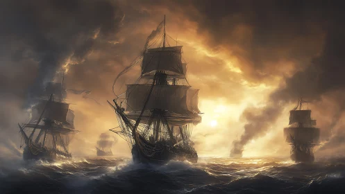 Sunlit storm chase with tall ships and glowing horizons.