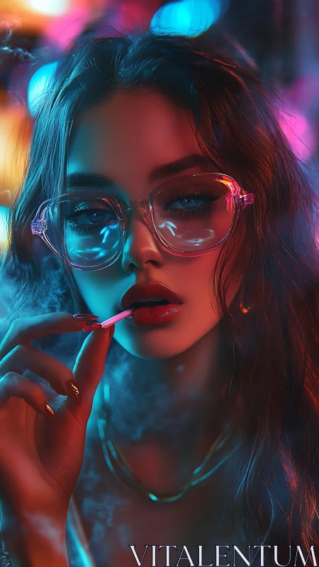 Neon-lit portrait of glossy-lipped woman with translucent glasses.