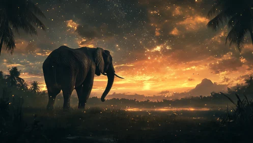 Gentle elephant wanders beneath a glowing golden twilight sky