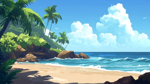 Tropical Coastal Landscape with Palm Trees, Rocky Outcrops, and Cumulus Clouds