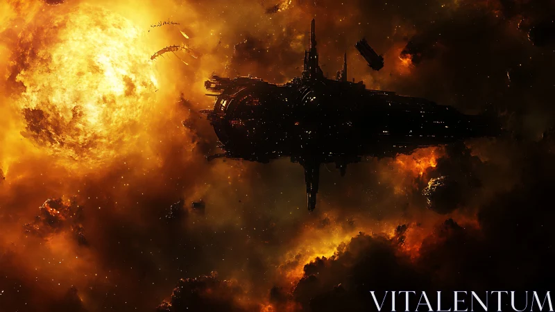 Massive warship silhouettes against volatile stellar inferno